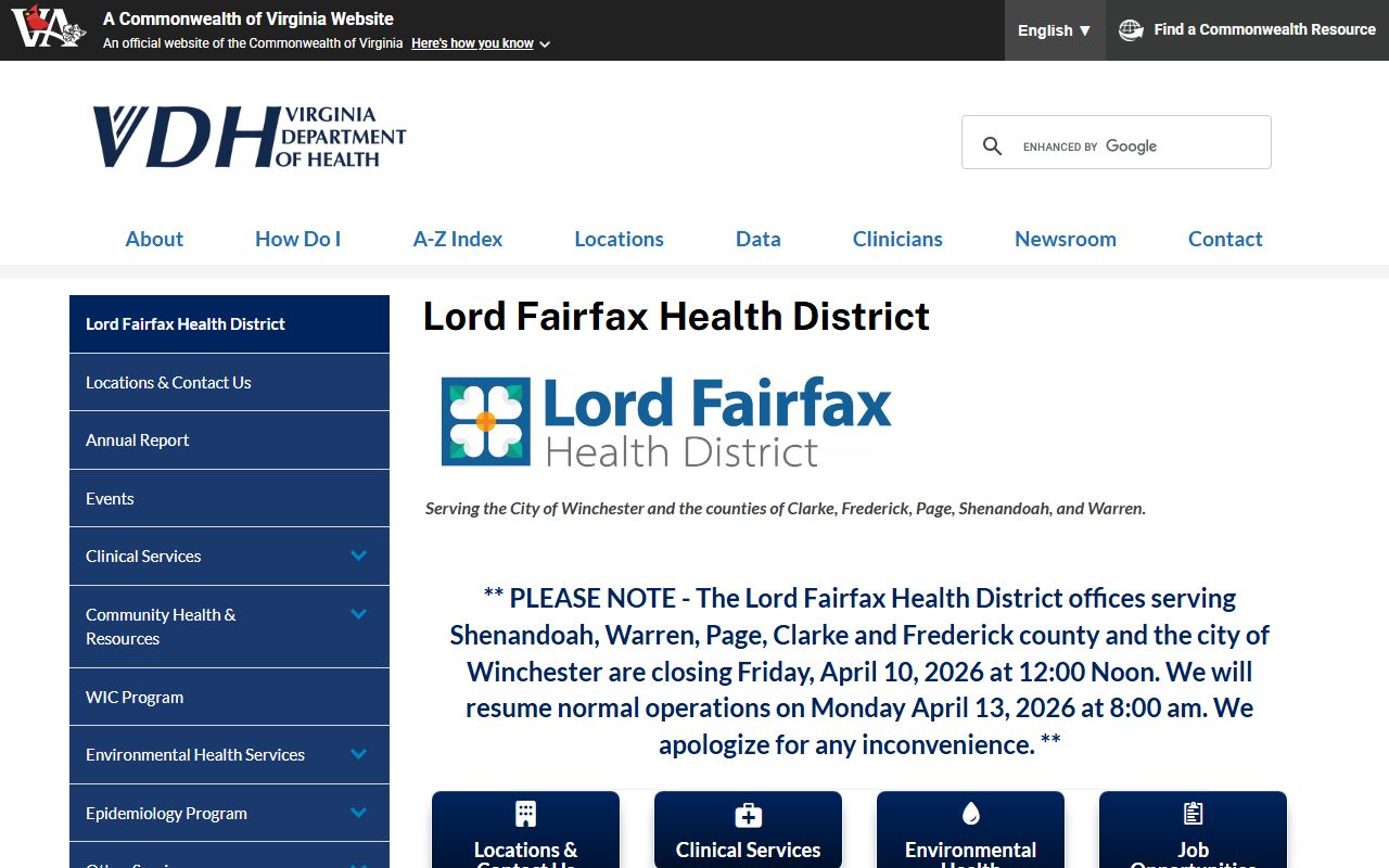 Clarke County Virginia Department of Health Lord Fairfax Health District death records