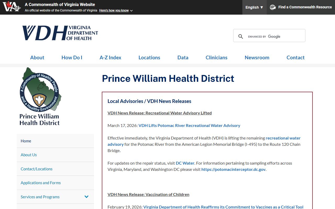 Prince William County Virginia Department of Health death records