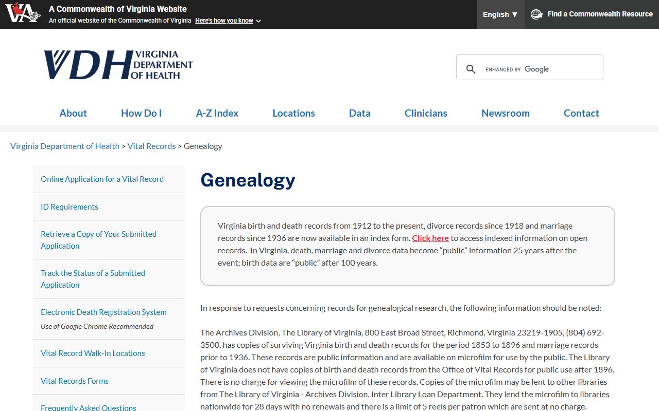 Virginia Department of Health genealogy and death records index