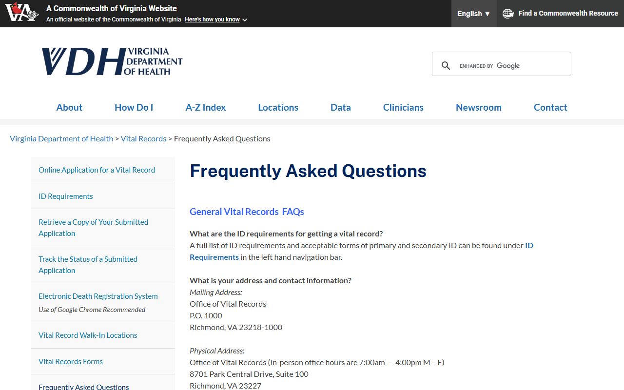 Virginia Department of Health death records frequently asked questions page