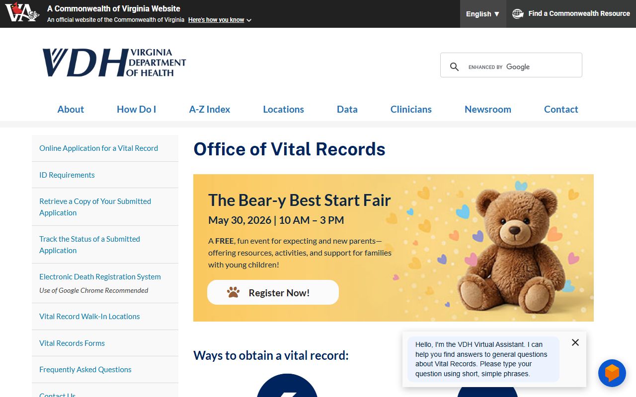 Virginia Department of Health Office of Vital Records website for death records