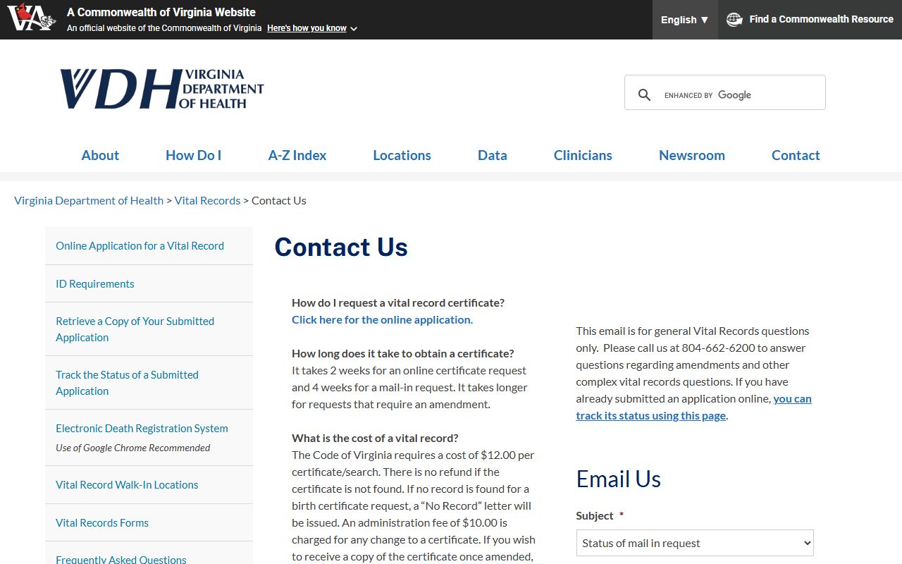 Virginia Department of Health death records Covington