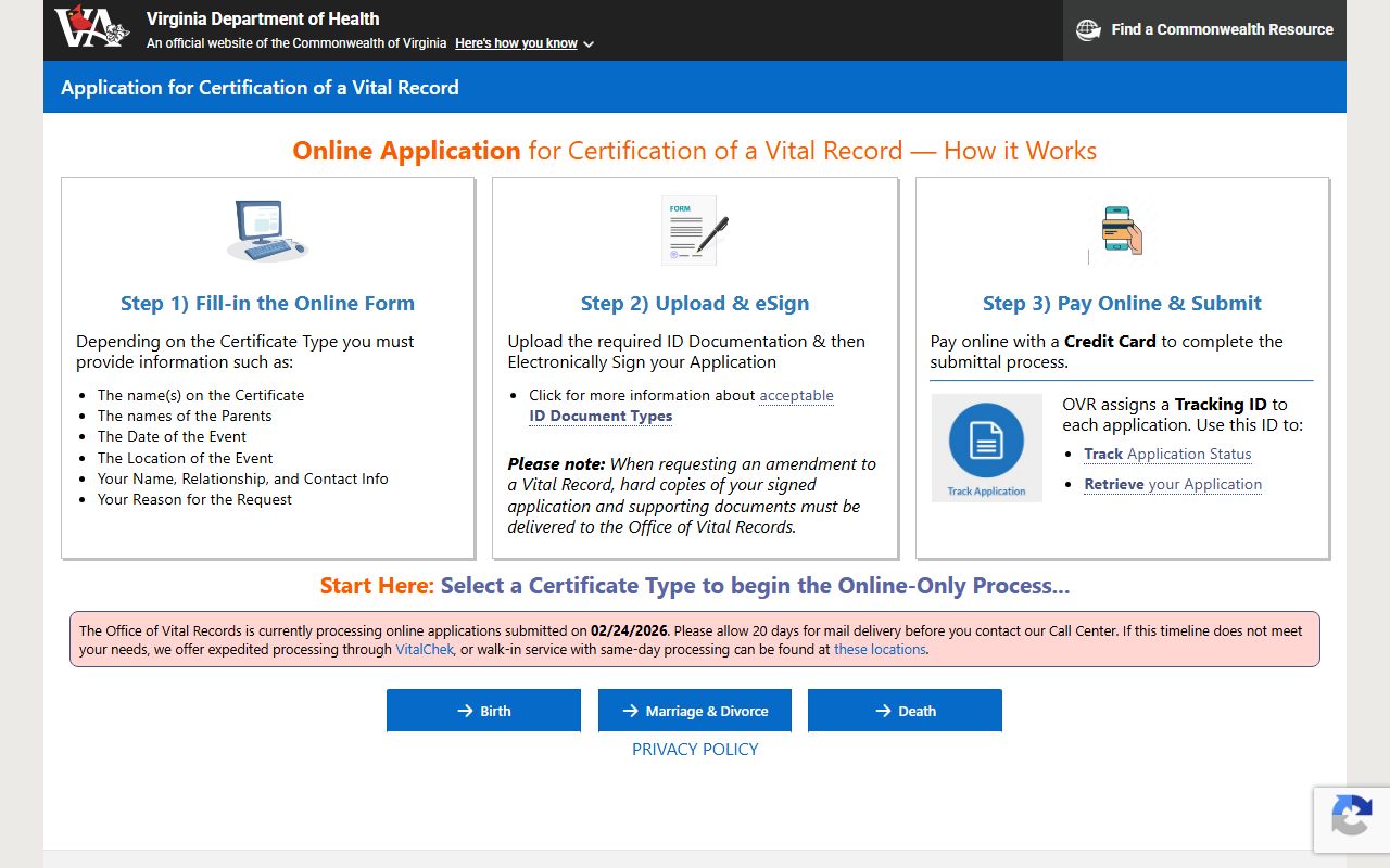 Virginia Office of Vital Records online application portal for death certificate requests
